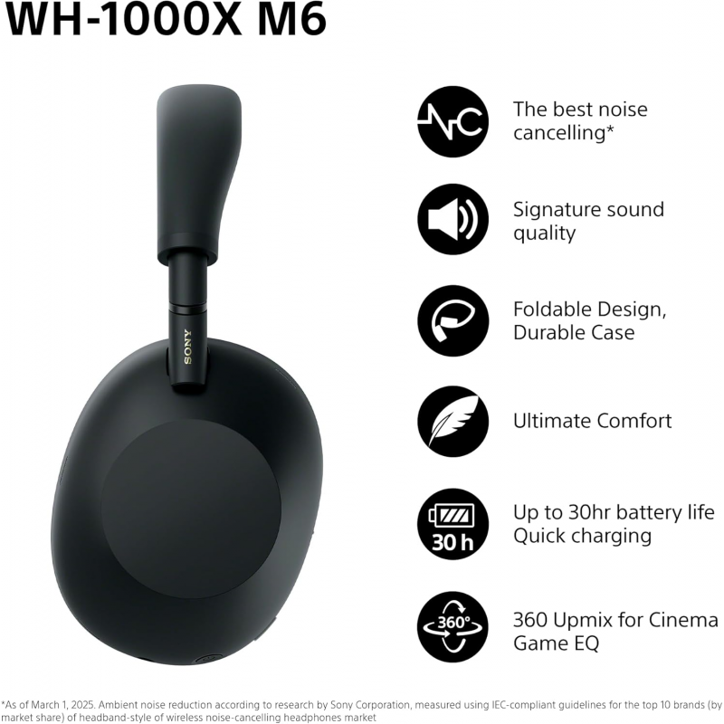 Sony WH-1000XM6 Wireless Noise Cancelling Headphones - Black